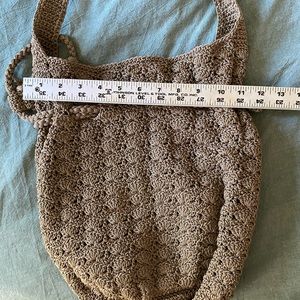 Crochet bucket bag, spring boho purse, brown woven drawstring crossbody bag